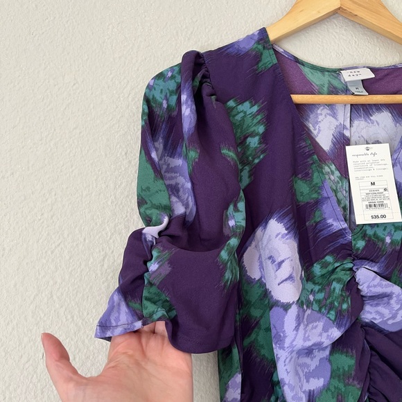 NWT A New Day Purple Floral Ruched Puff Sleeve High Low Midi Dress Women’s M - Picture 5 of 7